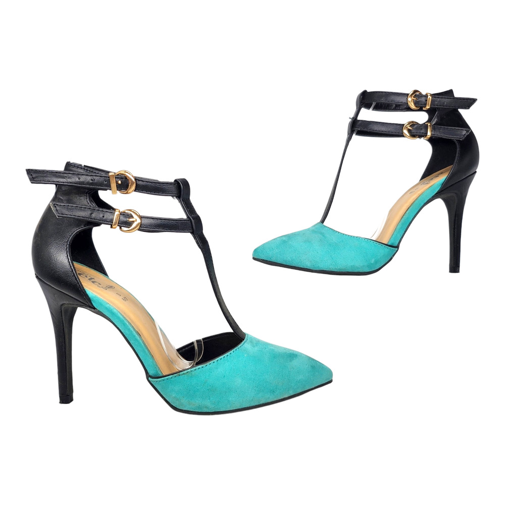 Rue 21 Heels 6 7 Blue Teal Black Ankle Strap Stiletto Pointed Toe Y2k 2000s